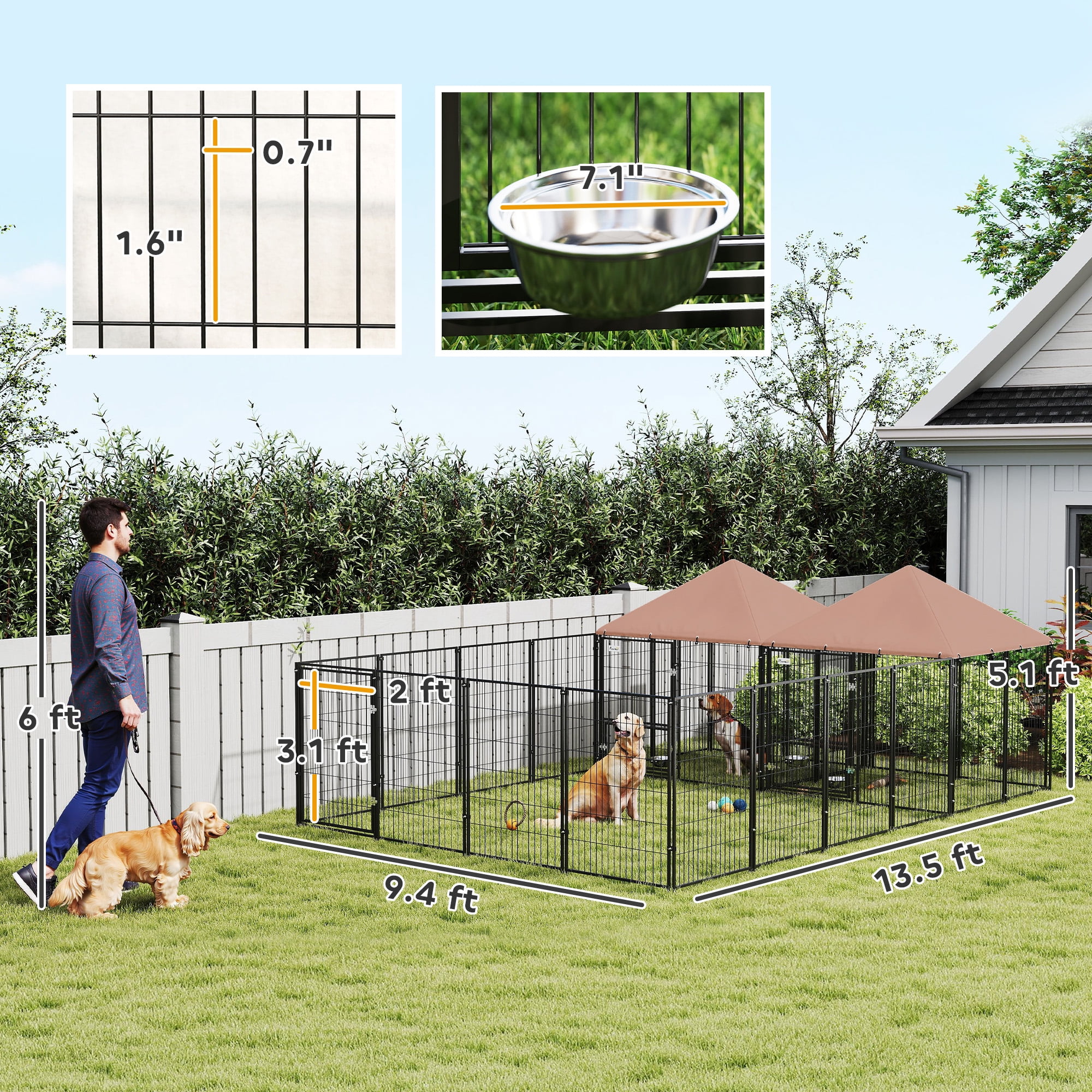 PawHut Dog Kennel Outside with 2 Rooms, Large Outdoor Dog Kennel with Rotating & Adjustable Height Bowls, 13.5' x 9.4' x 5.1'
