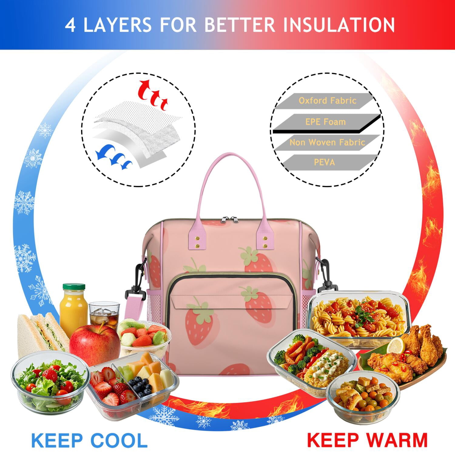 Large Cooler Bag Insulated Bags for Working Women,Leakproof Lunch Box with Multi Pockets for Adult,Insulated Lunch Box for Beach,Picnic,Work,Strawberry