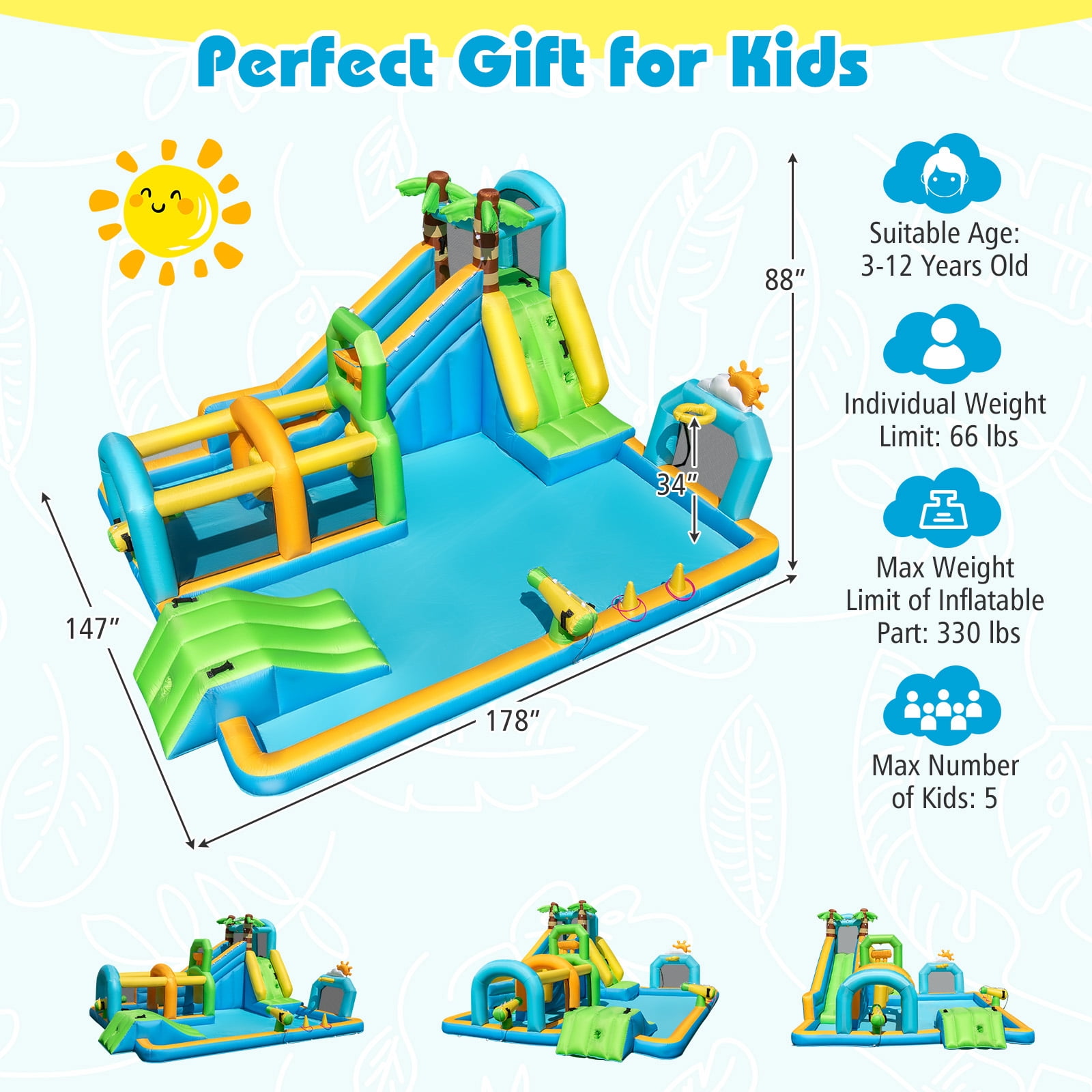 Costway Inflatable Water Park with Climbing Wall Basketball Rim Target Game Without Blower