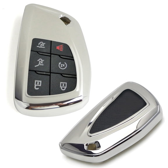 Silver Chrome Finish TPU Key Fob Protective Case w/Face Panel Cover, For 2021-up Chevy Suburban/Tahoe, GMC Yukon 3B-6B Smart Key