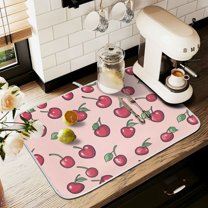Yayeee Drying Mat for Kitchen Counter Dishes Microfiber Coffee Decorative Pad, Cherries Pattern