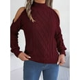 thumbnail image 3 of Womens Cold Shoulder Sweaters 2025 Fall Winter Long Sleeve Soft Chunky Cable Knit Pullovers Jumper Tops Wine Red XL, 3 of 8