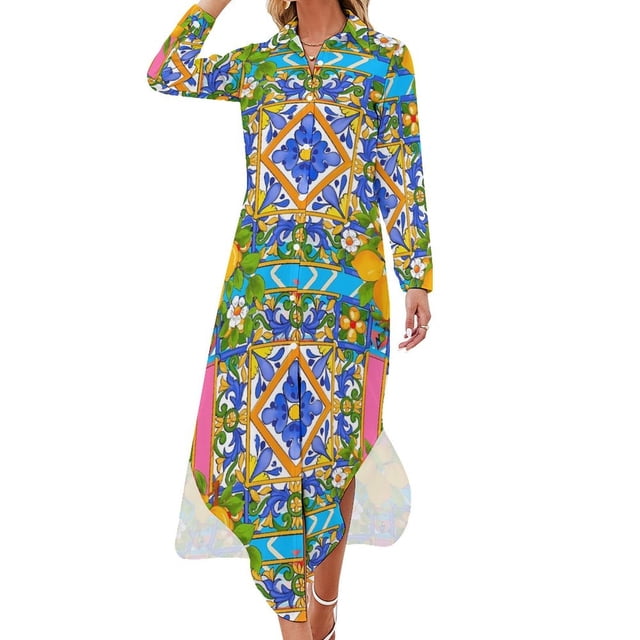 Robe en Chiffon Imprimé Fruits Jaune Citron Robes Mignonnes Femmes Manches Longues Style Rue Col en V Motif Robe Décontractée Surdimensionnée