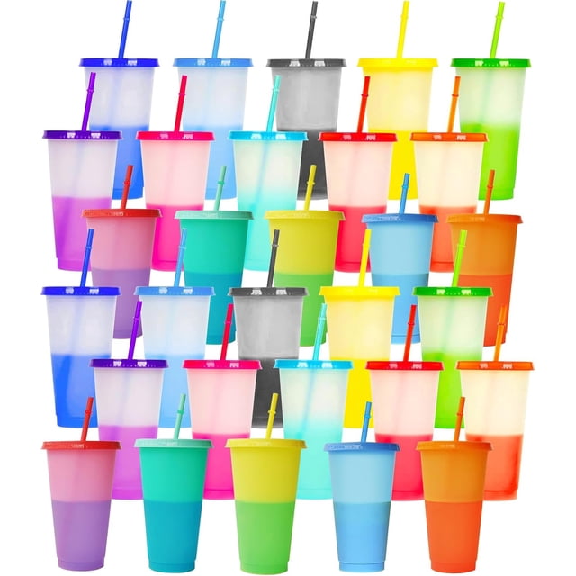 30 de Vasos Reutilizables de Plastico, Cambia de Color con Agua Fria, 710ml Vasos de Plástico de Colores con Tapa y Popote, Perfecto para fiestas y oficinas