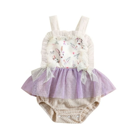 

Gupgi Easter Baby Girls Romper Dress Summer Casual Mesh Ruffles Bunny Print Sleeveless Jumpsuit for Toddler Newborn
