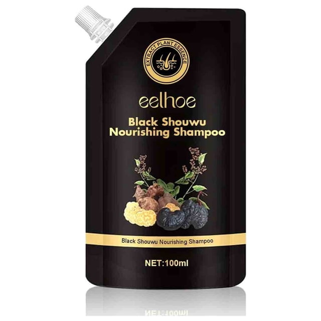 champú polygonum multiflorum: previene la caída del cabello, nutre, alivia el picor, elimina la caspa y fortalece el cabello. gel champú de 100 ml. bolsa negra frontal con boquilla, marca eelhoe en dorado, texto 'Black Shouwu Nourishing Shampoo', sello circular de extractos vegetales, ilustración de raíces y plantas en la base y banda dorada con 'NET:100ml', fondo blanco.