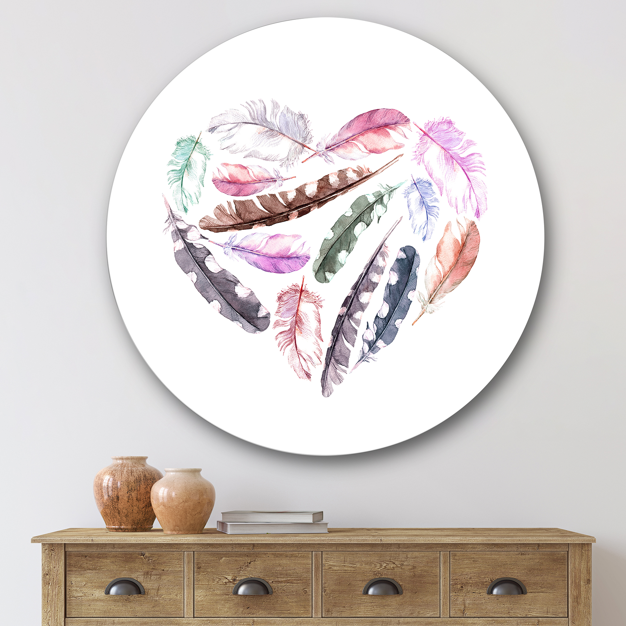 Designart 'Retro Pink Bird Feathers With Heart' Bohemian & Eclectic Circle Metal Wall Art 29x29 - Disc of 29
