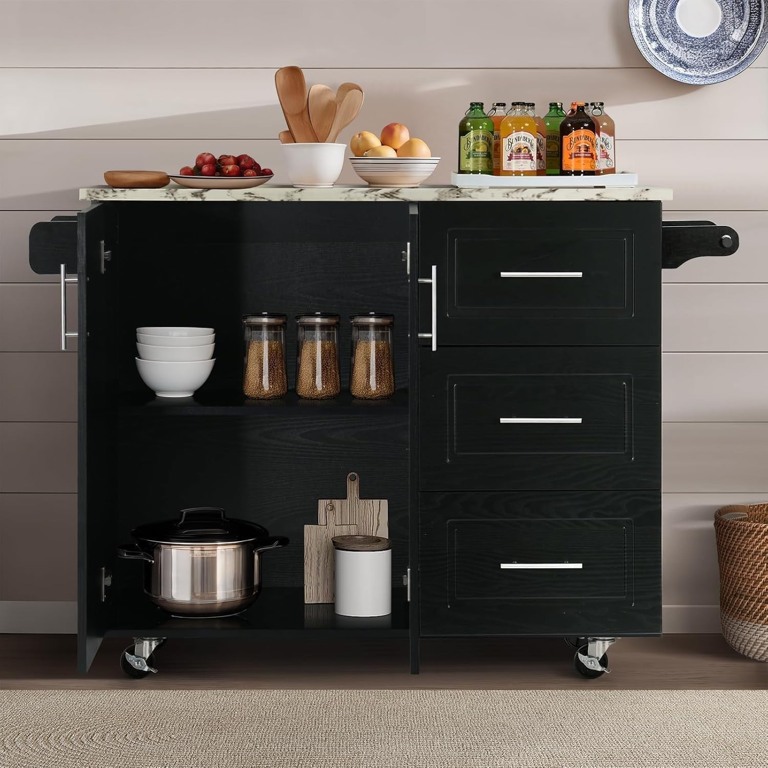 DreamCurship Kitchen Island on Wheels, Drop Leaf Kitchen Island Cart with Storage, Wood Countertop, Lockable Casters, Black