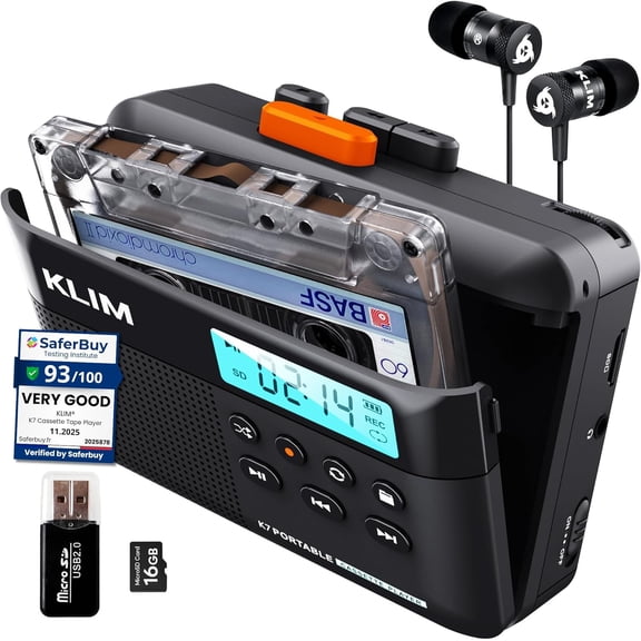 Restored KLIM K7 Cassette Tape Player & MP3 Converter, Portable, Built-in Microphone & Speaker, Rechargeable, Earphones, 16GB SD Card, Black-Orange (Refurbished)
