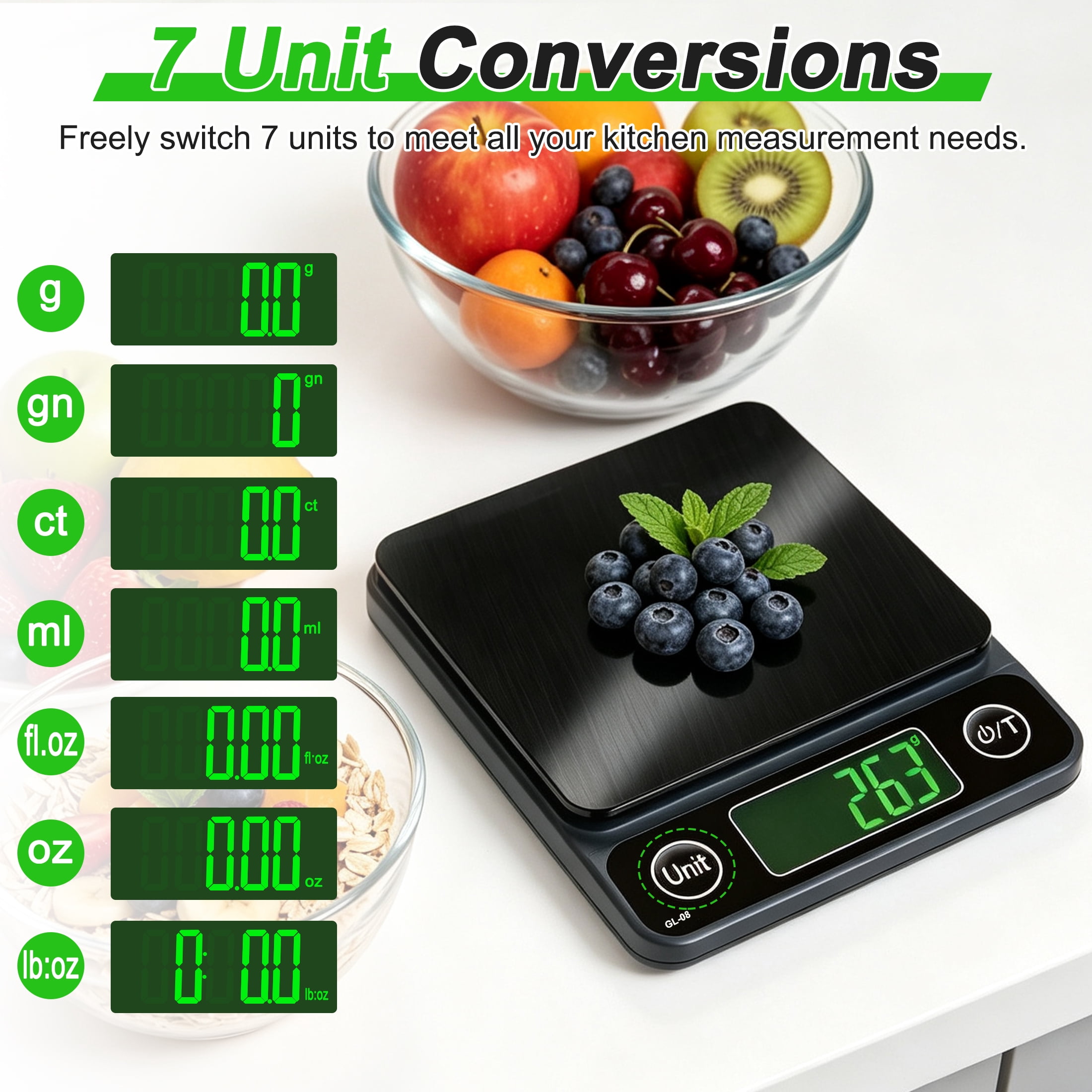 GARITIN 0.1g High Precision Digital Food Scale, Stainless Steel Kitchen Scale with LCD Display, Tare Function 7 Units Conversion for Baking Diet Pet Food