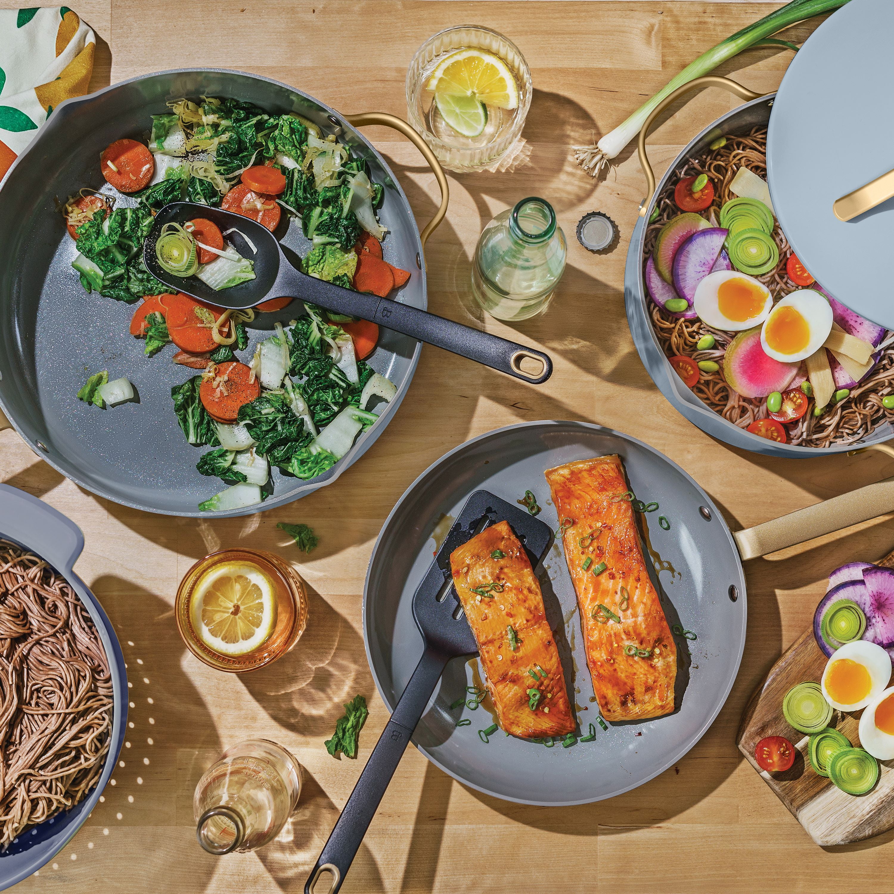 Beautiful 12-Piece Ceramic Nonstick Cookware Set, Pots and Pans with Strainer Lids, Cornflower Blue by Drew Barrymore