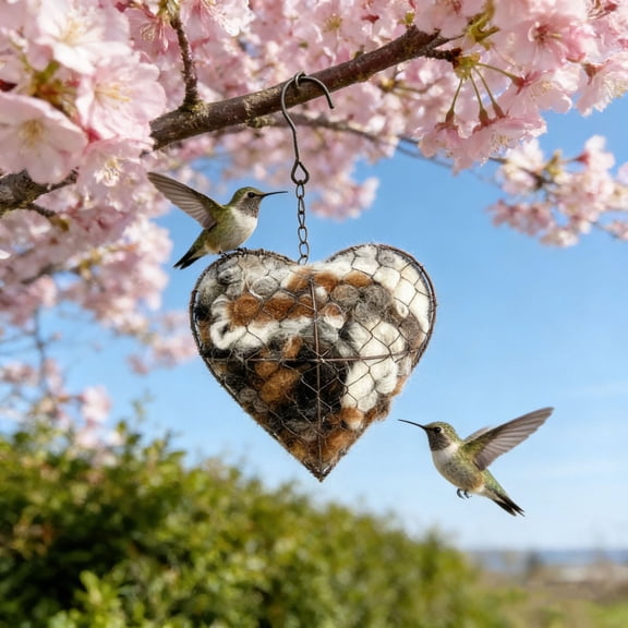 2PCS Handmade Fiber Bird Nesting Heart, Refillable Birds Haven 1 Heart Shape Hummingbird Nesting and 2 Bags of Nest Materials, Winter Fowl Gifts Animal Hummingbirds Lovers Home Garden Yard