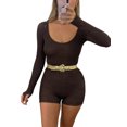 thumbnail image 1 of Seyurigaoka Women's Scoop Neck Ribbed Romper Long Sleeve Solid Color Ruched Jumpsuit Slim fit Shorts Playsuit, 1 of 7