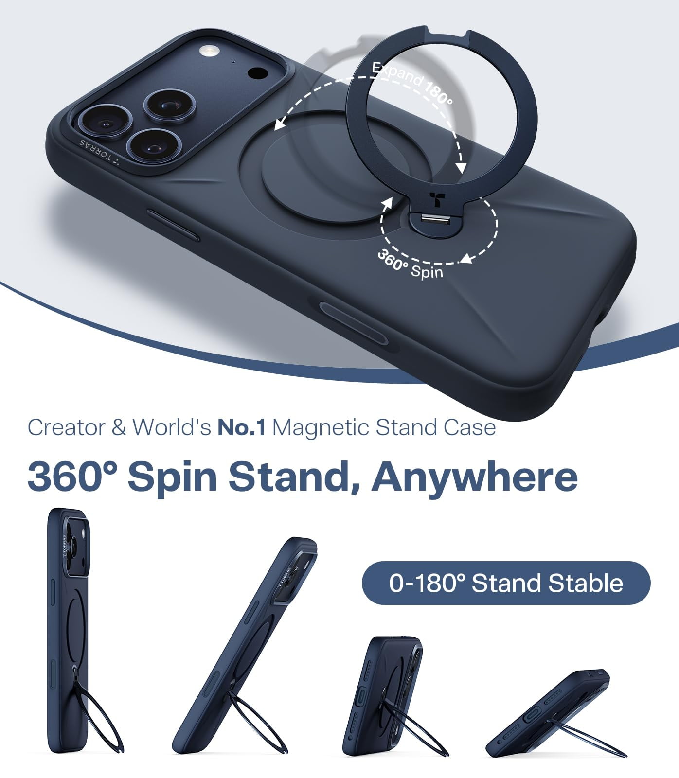 TORRAS Q3 Silicone 360 Spin for iPhone 17 Pro Case with Stand, Fit for MagSafe, Magnetic Ring Kickstand with Camera Control, Liquid Silicone Rubber Soft Phone Case for iPhone 17 Pro 6.3'', Deep Blue