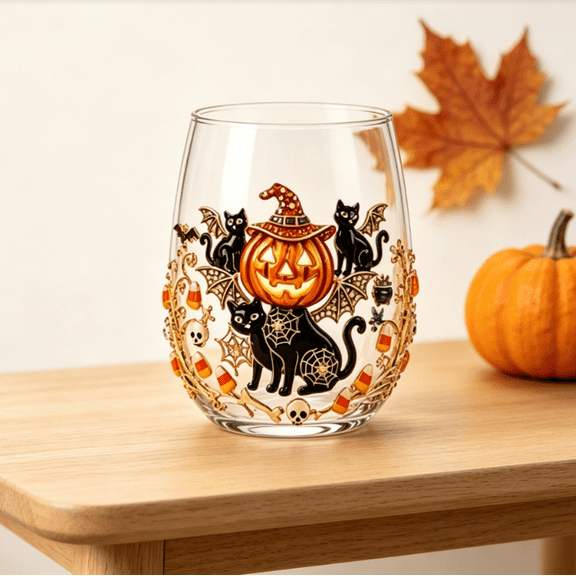Enchanted Spooktacular Jeweled Halloween Glassware Collection, Themed Halloween Decorative Glass Cup for Holiday Table Setting (Pumpkin Cat)
