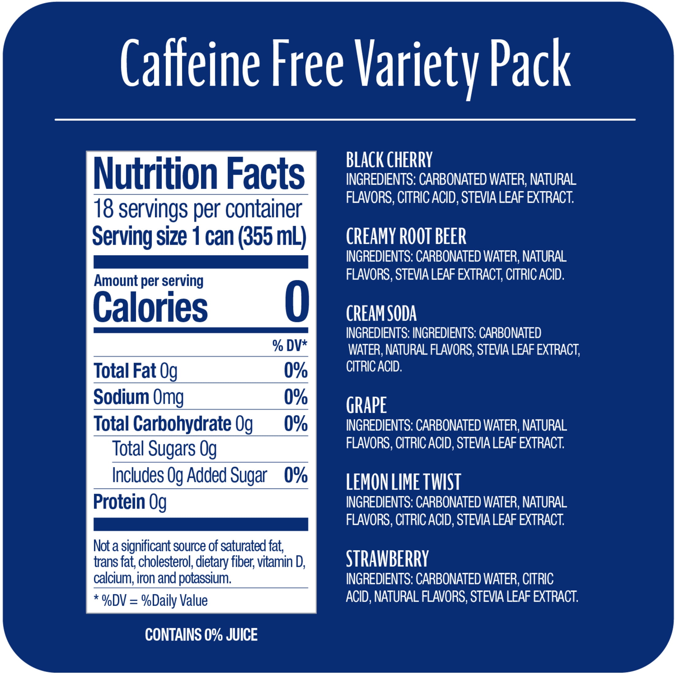 Zevia Zero Sugar, 0 Calorie, Caffeine-Free Soda Pop, Variety Pack, 12 fl oz, 18 Pack Cans