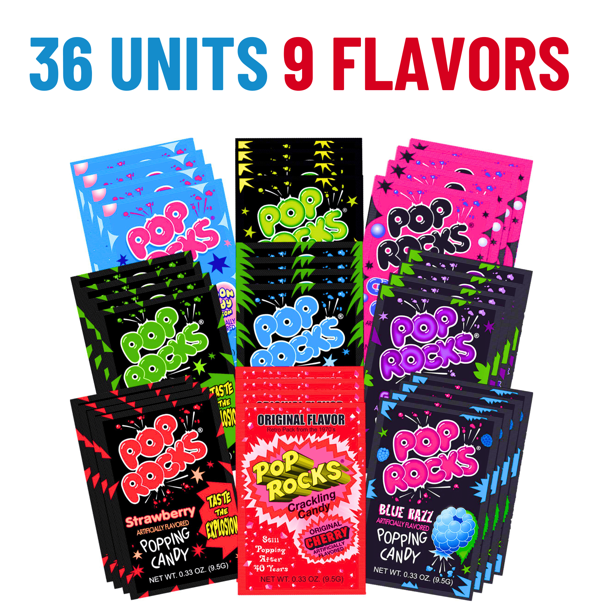 Pop Rocks Candy - 9 Flavors Pop Rocks Bulk Variety Pack by Gaudum (36 Units, 4 of Each Flavor)