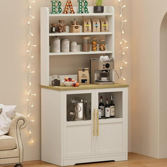 Bakers Rack With Storage Cabinet, Microwave Stand With Power Outlets, Farmhouse Bakers Rack With Thick Table Top, Small Kitchen Pantry for Kitchen,Dining Room,White & Peer Wood