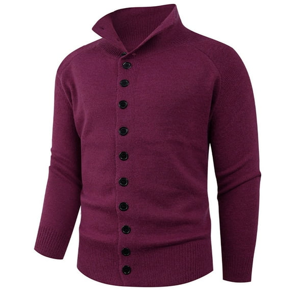 Handshe Men's Solid Color Casual Button Front Knit Cardigan, Stretch Long Sleeve Stand Collar Sweater for Men, Lightweight Comfortable Fall Winter Layering for Everyday Wear