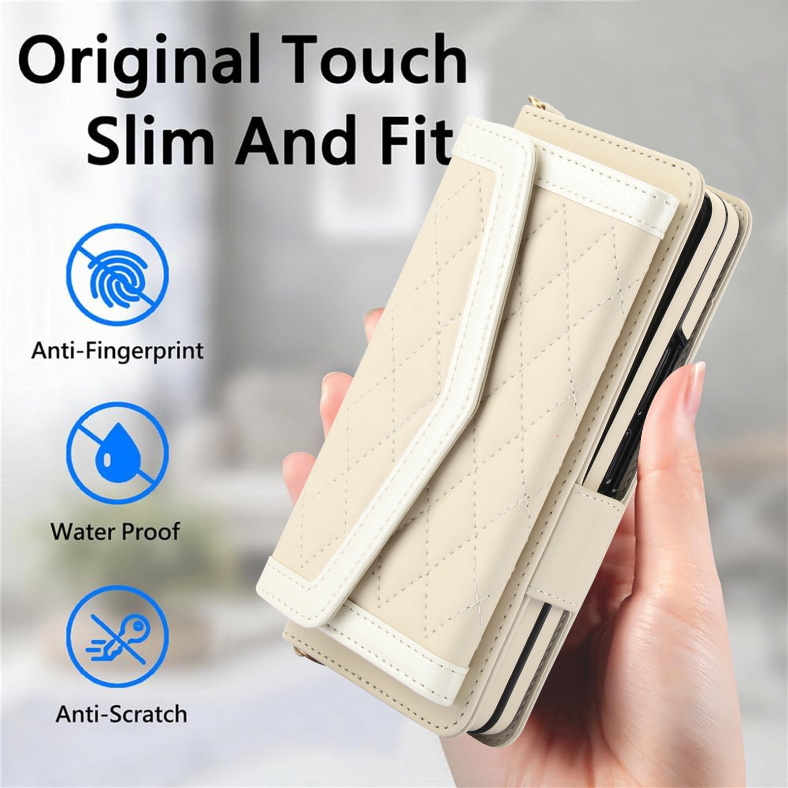 for Samsung Galaxy Z Fold 4 Case Wallet with S Pen Holder for Women, 12 Card Holder & 2 Cash Pocket & Shoulder Strap & Wristlet Flip Stand PU Leather Phone Case with RFID Blocking, Beige