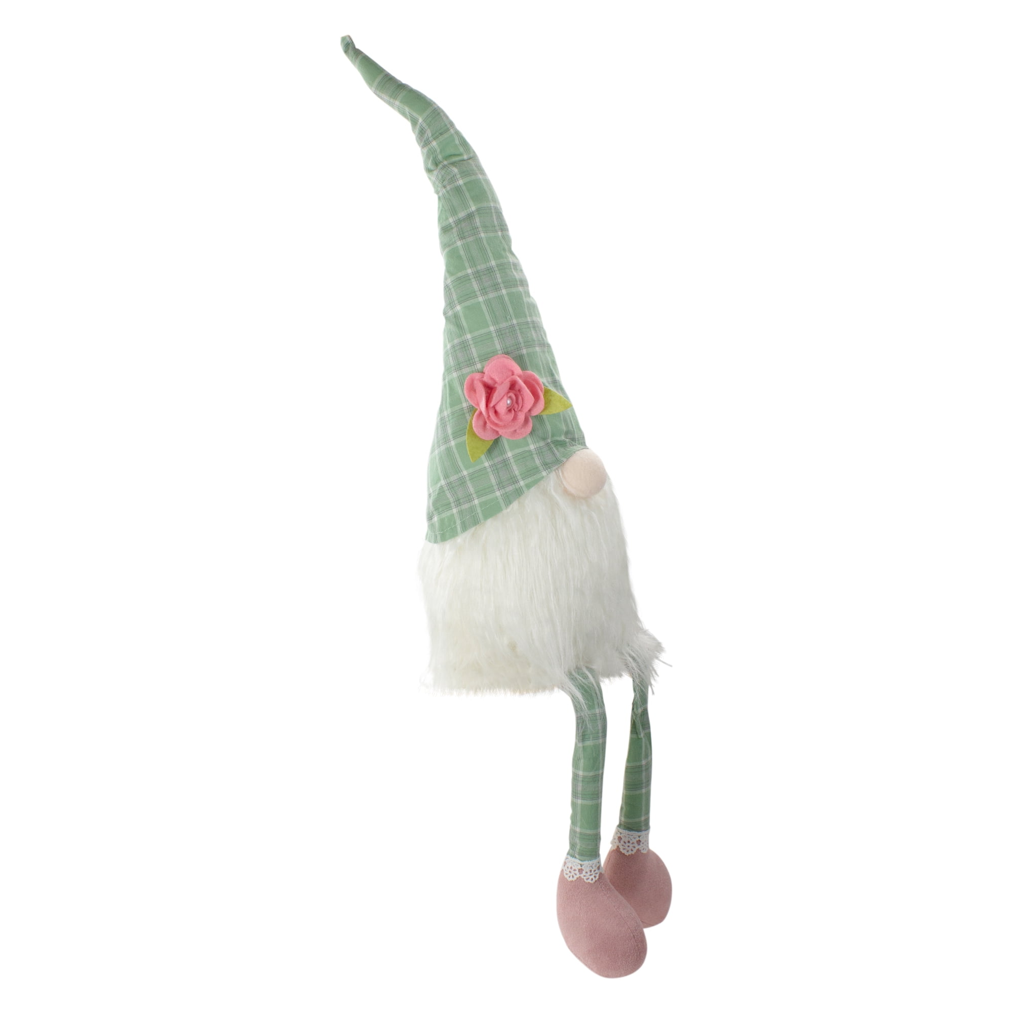 28" Green and White Plaid Spring Gnome Table Top Figure with Dangling Legs