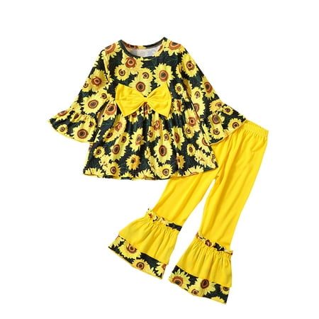 

JDEFEG Baby Has Toddler Girls Long Sleeve Sunflower Flower Print Trumpet Sleeve Top Yellow Flare Pants Suit Outfits Girl Shirt Pajamas for Teens Girls Pajama Sets A 5Y