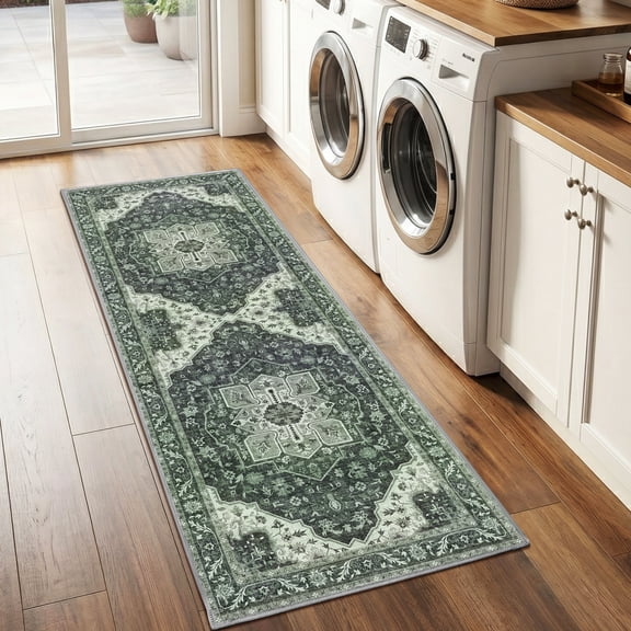 WANLISELL 2'x6' Hallway Runner Rug, Non-Slip Washable Vintage Floral Kitchen Rugs, Laundry Room Rug Runners for Bathroom Bedroom, Dark Green