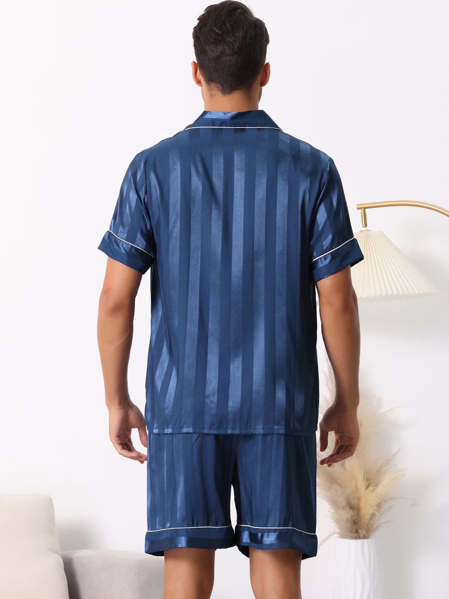 Unique Bargains Men's Satin Button Down Striped Short Sleeve Shorts Pajama Set M Blue