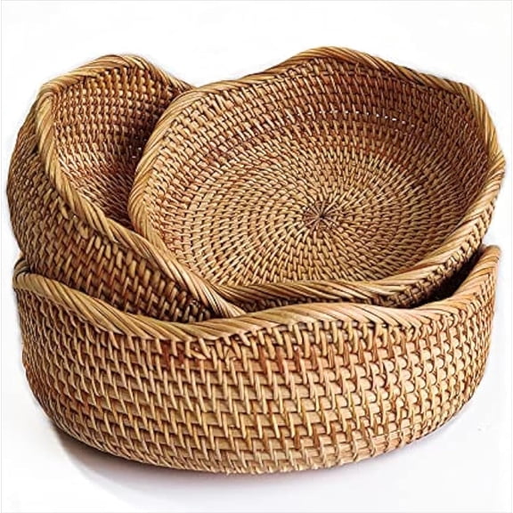 Rattan Bread Basket, Round Fruit Baskets, Wicker Storage Bowls, Natural Woven Serving Basket Bowls, Decorative Baskets for Kitchen Counter Organizing, Set of 3
