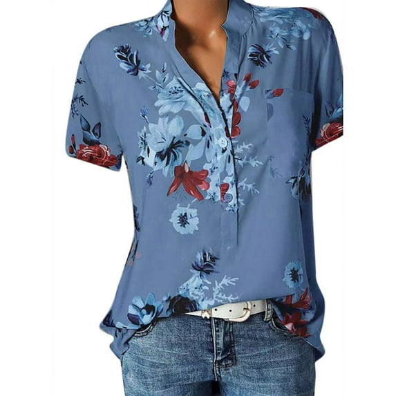 Askfv Plus Size Top for Women Short Sleeve Casual Henley Shirt Button Down Floral Print Blouse