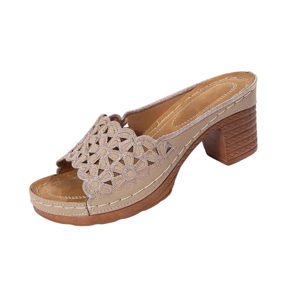Miluxas Women High Heeled Sandals Open Toe Slip on Slippers Summer Dressy Chunky Block Heel Solid Color Non Slip Breathable Comfort Walking Vacation Shoes Khaki 6(37)