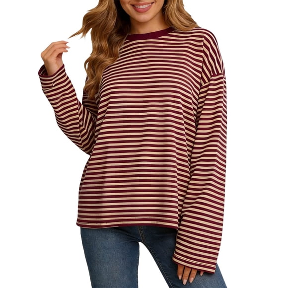 Fgnfyis Womens Long Sleeve T Shirts Striped Contrast Color Casual Loose Fit Crewneck Tee Tops for Women Trendy Brick Red S