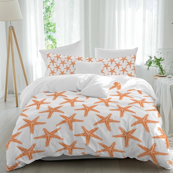 3 Piece Orange Beach Starfish Duvet Cover Set Queen Size,Microfiber Comforter/Quilt Cover with Corner Ties and 2 Pillowcases,Summer Ocean Nautical Coastal All Season Soft Bedding with Zipper Closure