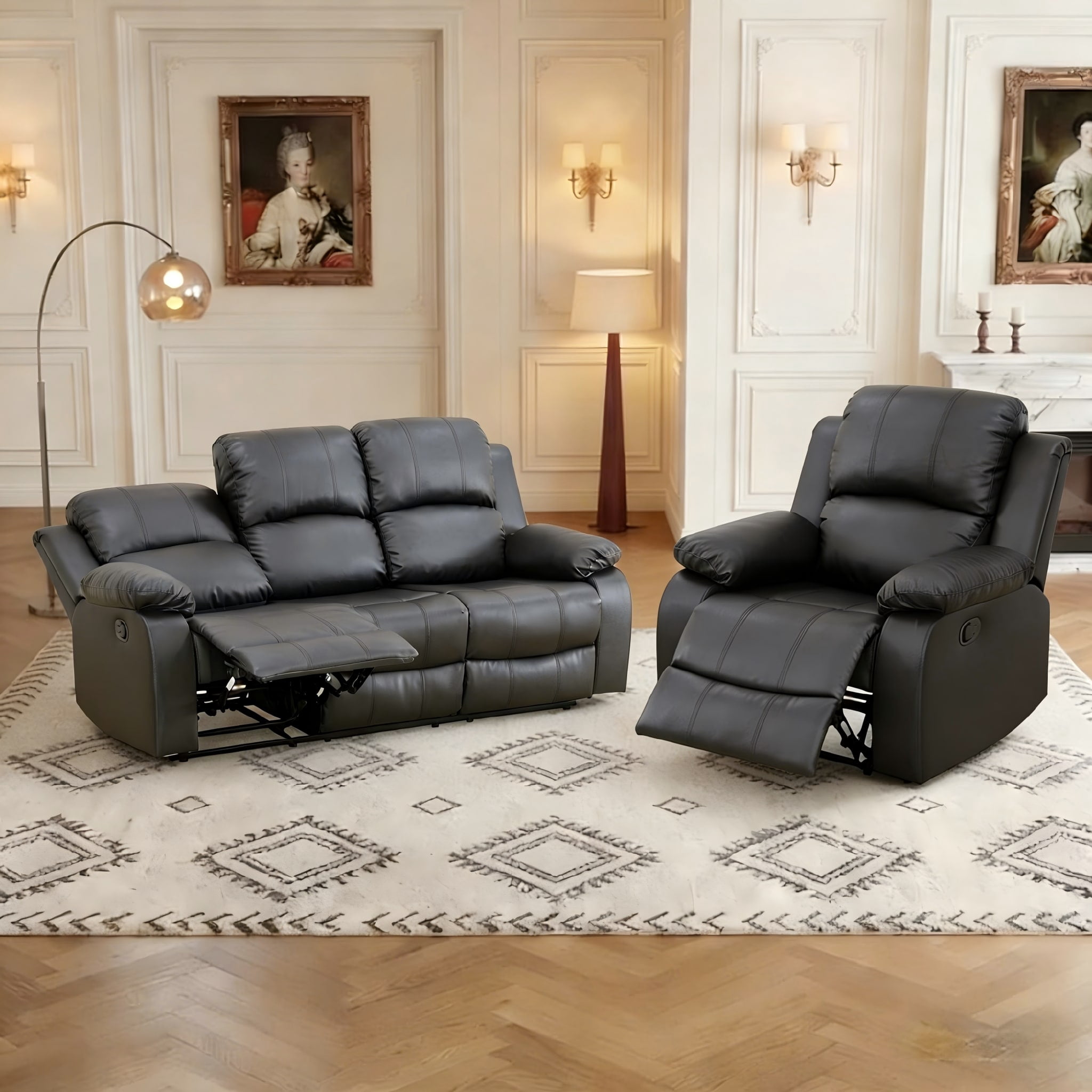 Gewnee Air Leather Sofa and Chaise Lounge Set for Living Room, Black