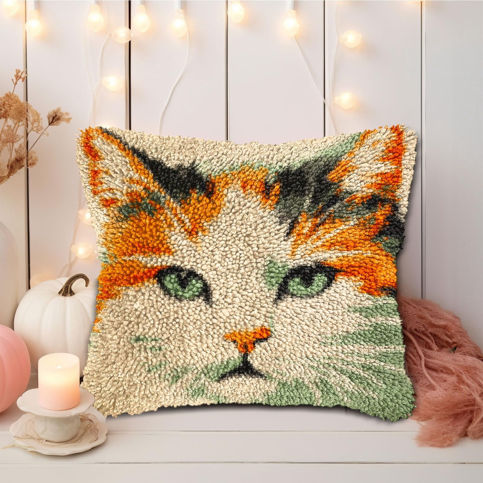 DIY Latch Hook Pillow Kits Cat Face Printed Pillowcase Crochet Yarns Hooking Handmade Pillow Cover Cushion for Home Sofa Decoration 17x17inch-1