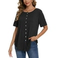 thumbnail image 3 of Women Summer Button Up Front Tops Shirts Casual Loose Pullover T-shirt Round Neck Pleated Tunic Blouses for Ladies Comfy Plain Tee, 3 of 9
