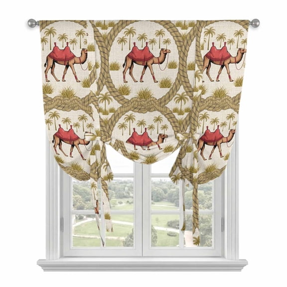 Camels Palm Trees Balloon Curtains 63 Inch Length for Living Room/Bedroom, Desert Date Coconut Trees Leaves Cords Beige Rod Pocket Privacy Door Curtains Decorative Tie Up Shade for Window 52"x63"