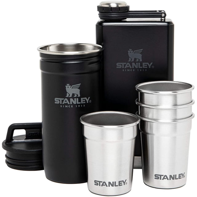 Set de regalo de vaso y frasco de acero inoxidable Stanley paquete de aventura al aire libre con 4 vasos de metal para chupitos
