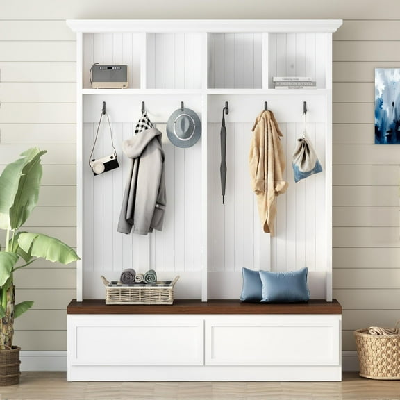 4-in-1 Hall Tree with Wood Grain Bench, Mudroom Versatile Coat Rack with 6 Hooks & 2 Large Drawer, Farmhouse Entrance Organizer for Living Room, Hallway, White