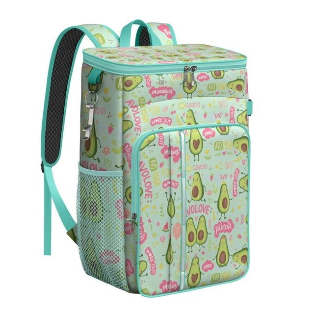Cute Avocado and Fruit Pattern Cooler Backpack, Leakproof Lunch Bag with Kawaii Design for Summer, Work, and Road Trips