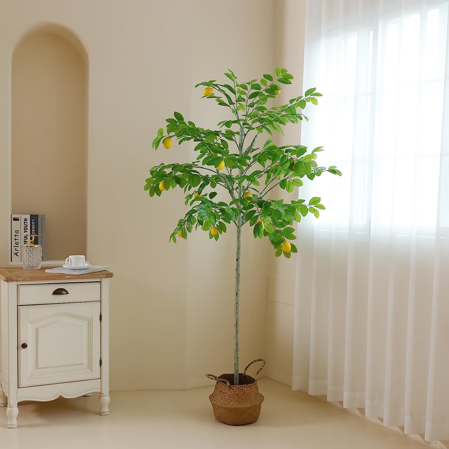 Artificial Lemon Tree, Tall 6 Feet Faux Potted Silk Green Leaves Lemon