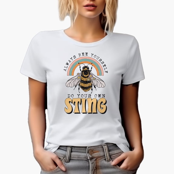 Distressed Always Bee Yourself, Do Your Own Sting Pun Quote - Rainbow & Honey Bee Art Merch Gift, White T-Shirt, Small