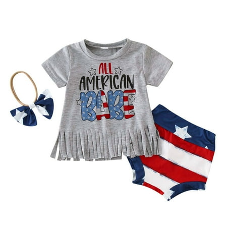 

GWAABD Girls Summer Clothes Grey Cotton Blend Toddler Girls Independence 4 Of July Short Sleeve Letter Prints Tassels T Shirt Tops Shorts Headbands Outfits 90