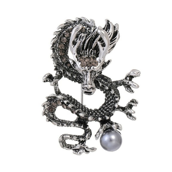 HUANLEDASH Chinese Style Brooch Men Enamel Dragon Shape Faux Pearl Pin Clothing Coat Badge Jewelry Party Accessories