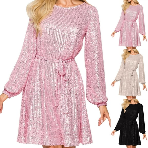 FRSASU Cocktail Dresses for Women, Vintage Wedding Guest Long Sleeves Sequin Round Neck formal Holiday Dress Rose Gold