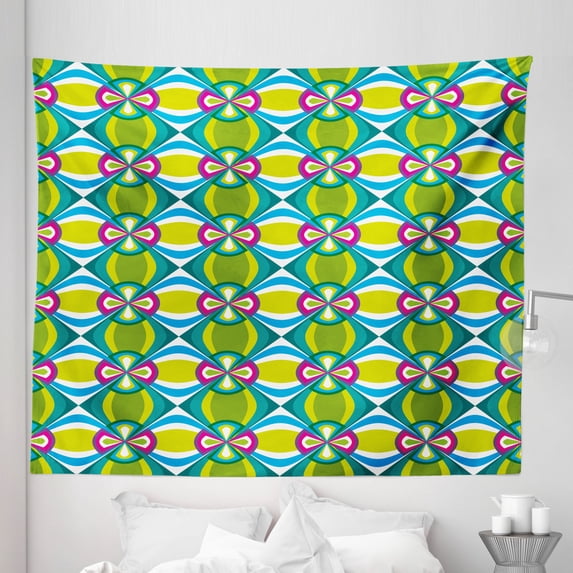 Abstract Tapestry, Geometric Checked Pattern with Floral Motifs Elliptic Curvy Details Tile Design, Fabric Wall Hanging Decor for Bedroom Living Room Dorm, 5 Sizes, Multicolor, by Ambesonne