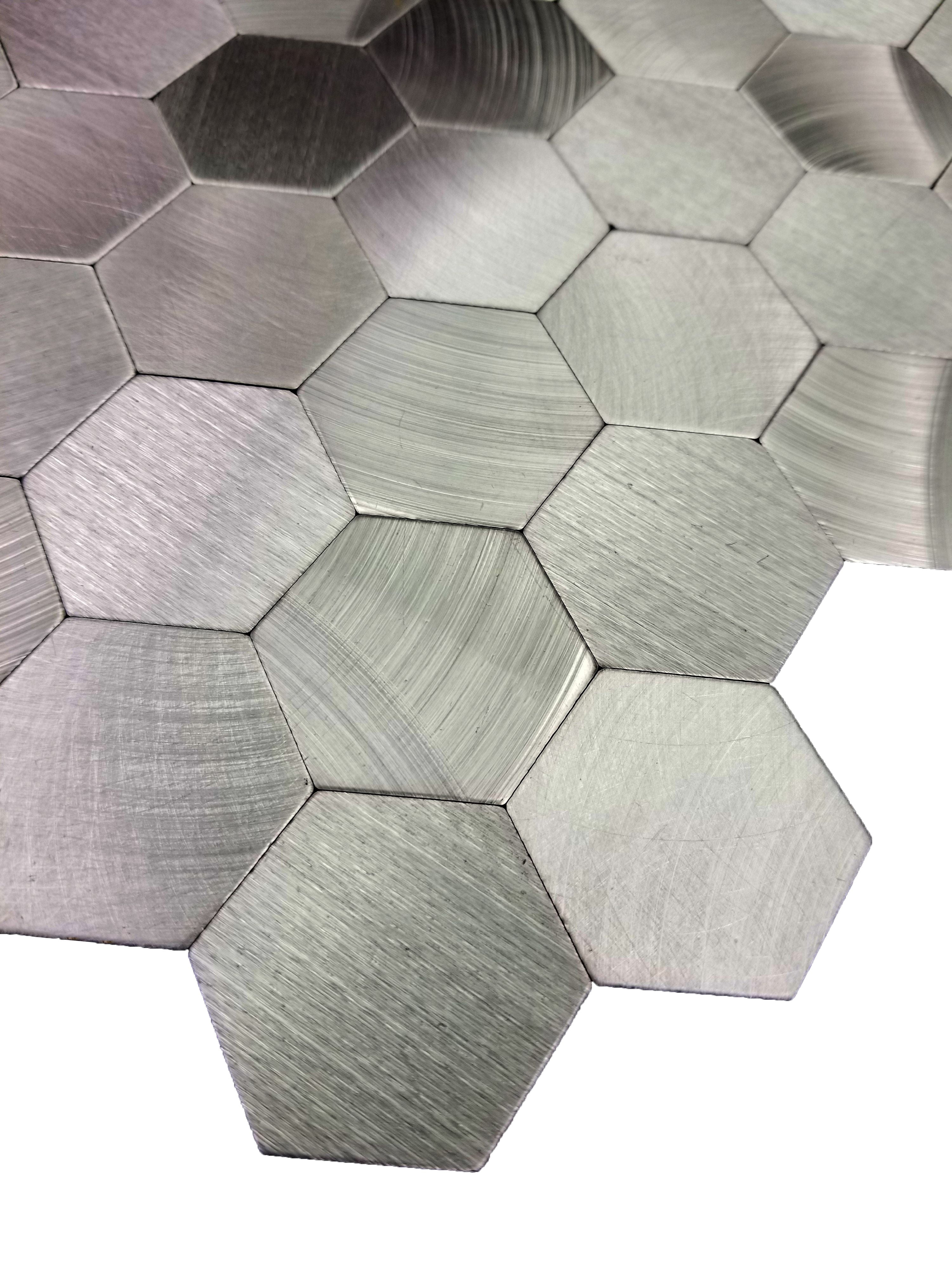 Abolos- Enchanting Hexagon Wall Backsplash 1.5" x 1.5" Peel and Stick Metal Mosaic Tile in Silver (19.80sqft / 22pc Box)