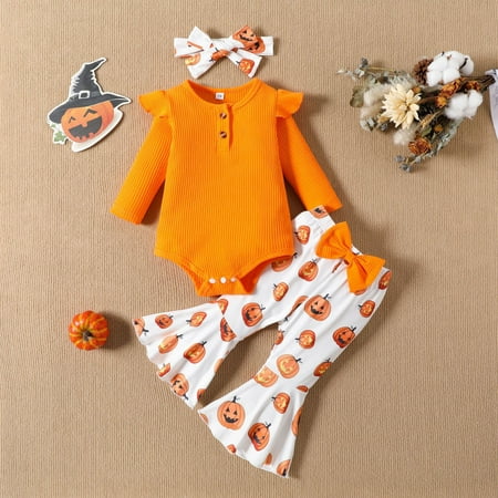 

Yiwula Halloween Infant Girls Long Sleeve Halloween Ribbed Romper Bodysuit Cartoon Pumpkin Prints Bell Bottoms Pants Outfits