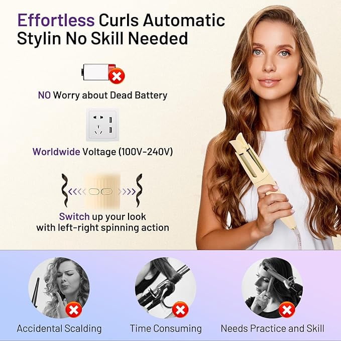 RKXQTAutomatic Hair Curling Iron Automatic Hair Curler Automatic Rotating with 3 Temperature Sets, Anti-Scald, Anti-Tangle Auto Curling Iron Rotating, Yellow