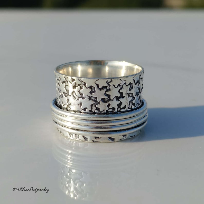TRIDHA SILVER- Silver Spinner Ring - Celestial Star Anxiety Relief Band | 925 Sterling Silver Boho Wide Cosmic Jewelry Meditation Fidget Spinner